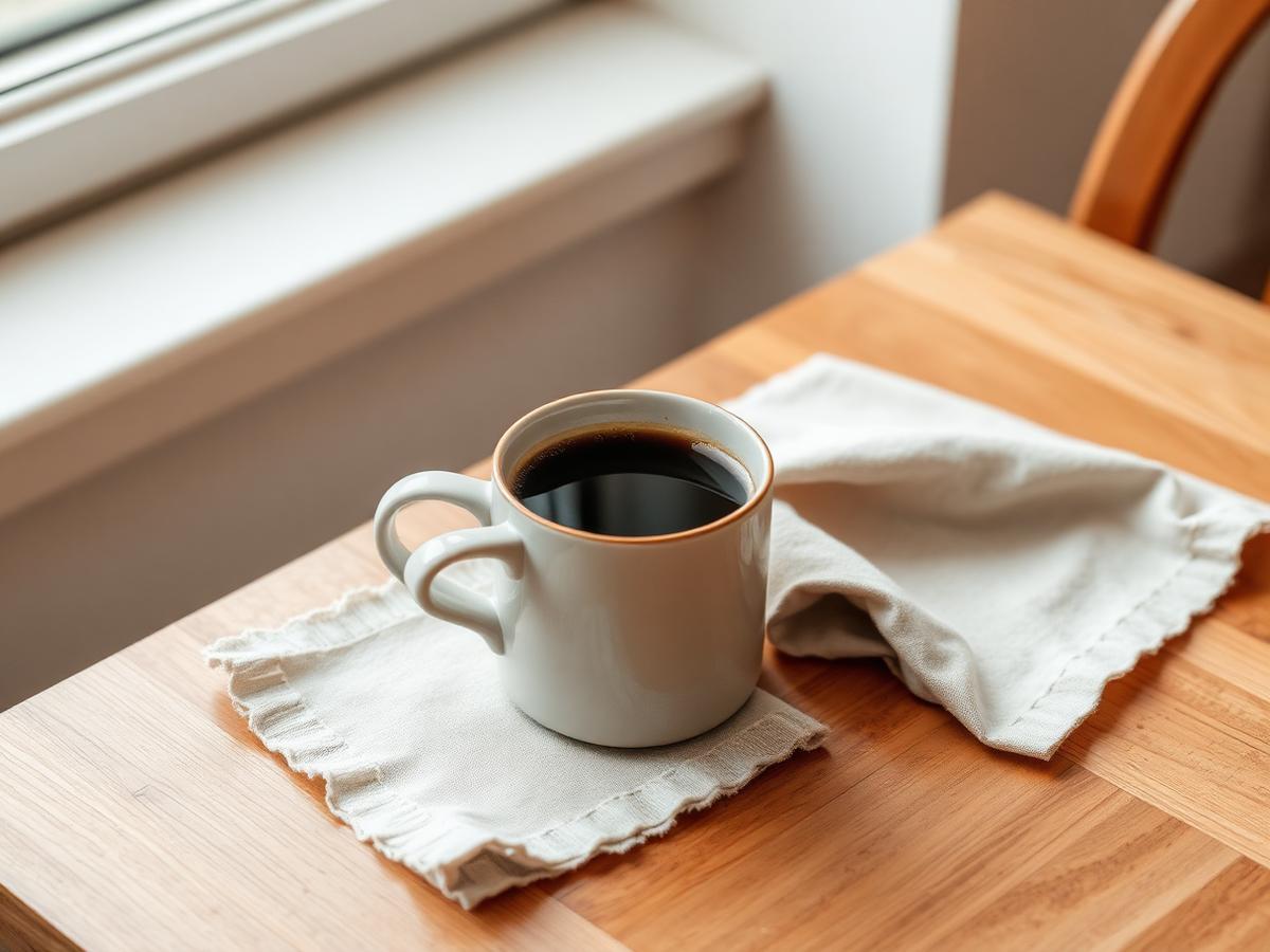 A mug of freshly brewed coffee on a wooden kitchen table
