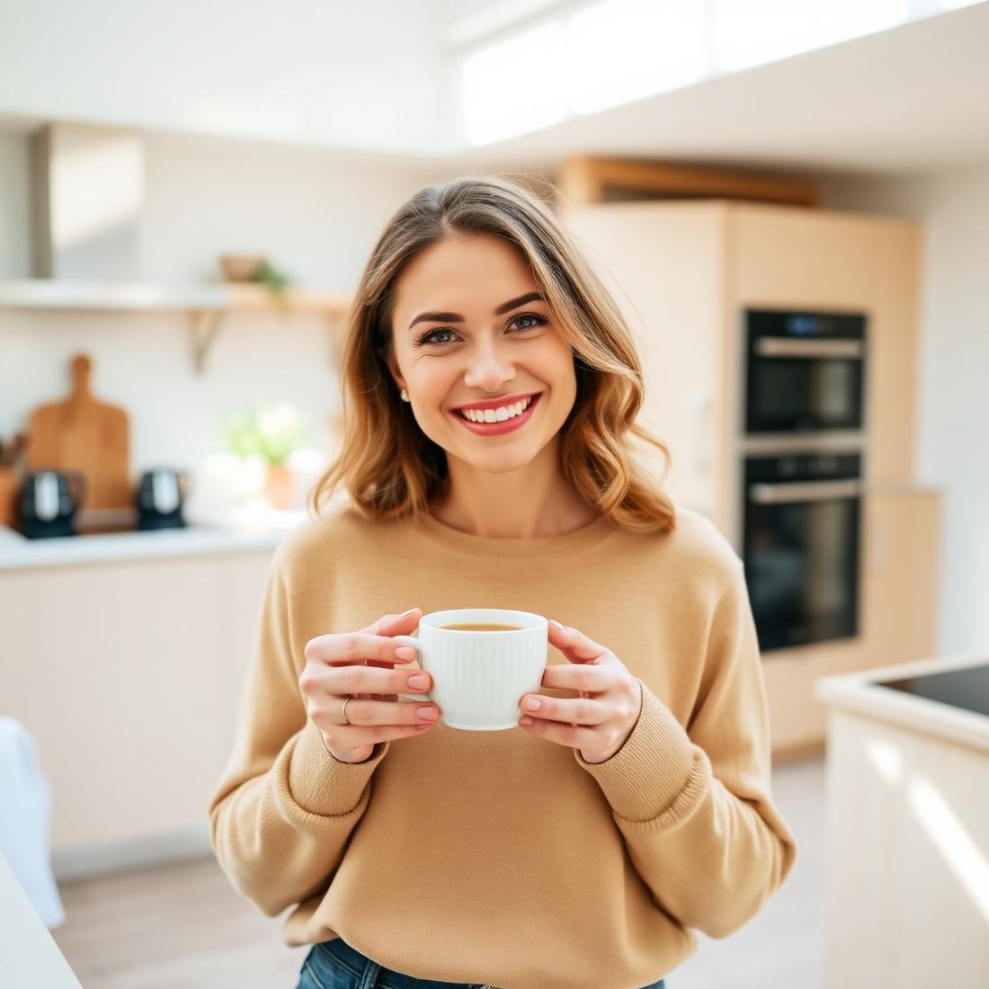 Woman enjoying a morning coffee in a bright UK kitchen